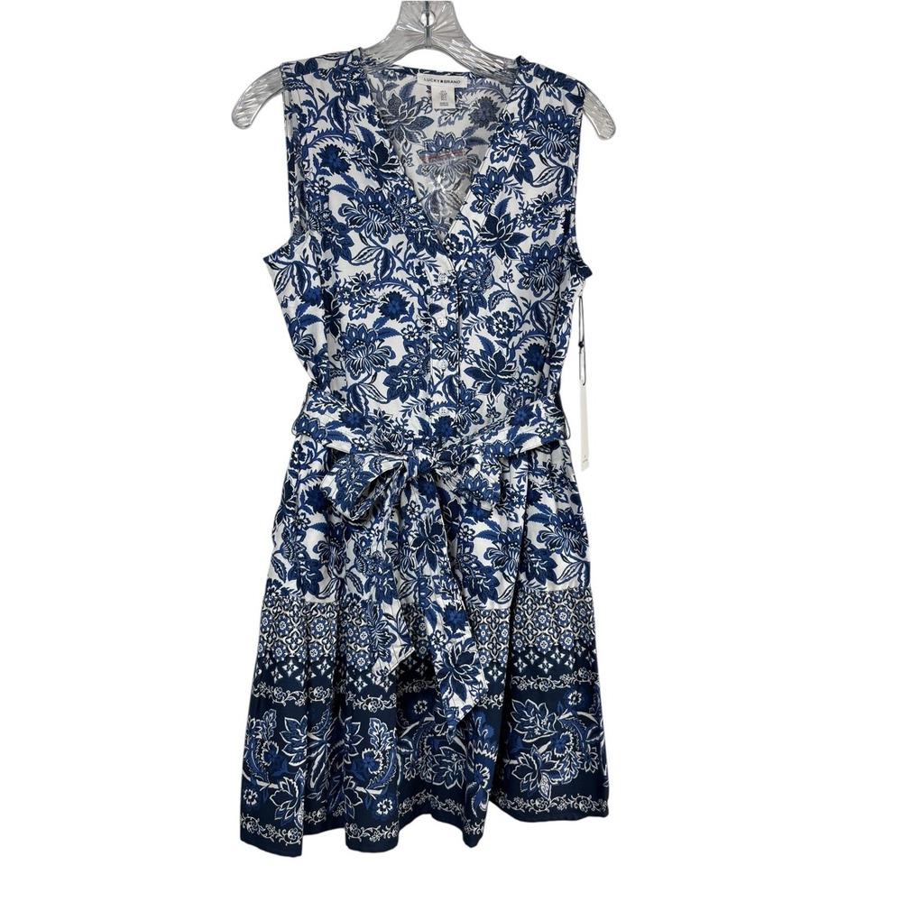 New LUCKY BRAND Sz S Dress Blue Floral Banded Hem Sleeveless Button Tie Belt NWT